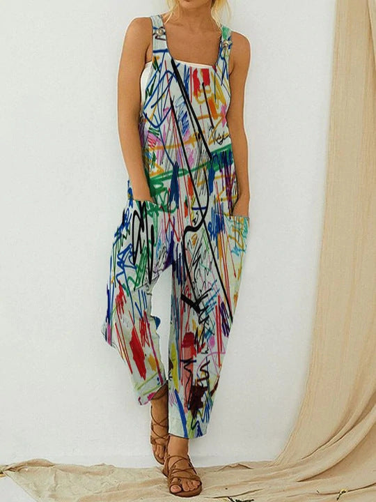 Women's Trousers Fashion Loose Straight Jumpsuit Abstract Birds Flowers Print Bib Jumpsuit