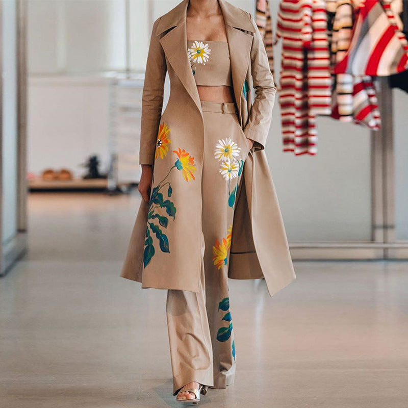 Ensemble de trench-coat long à imprimé floral pour femme, vêtements d'automne et d'hiver