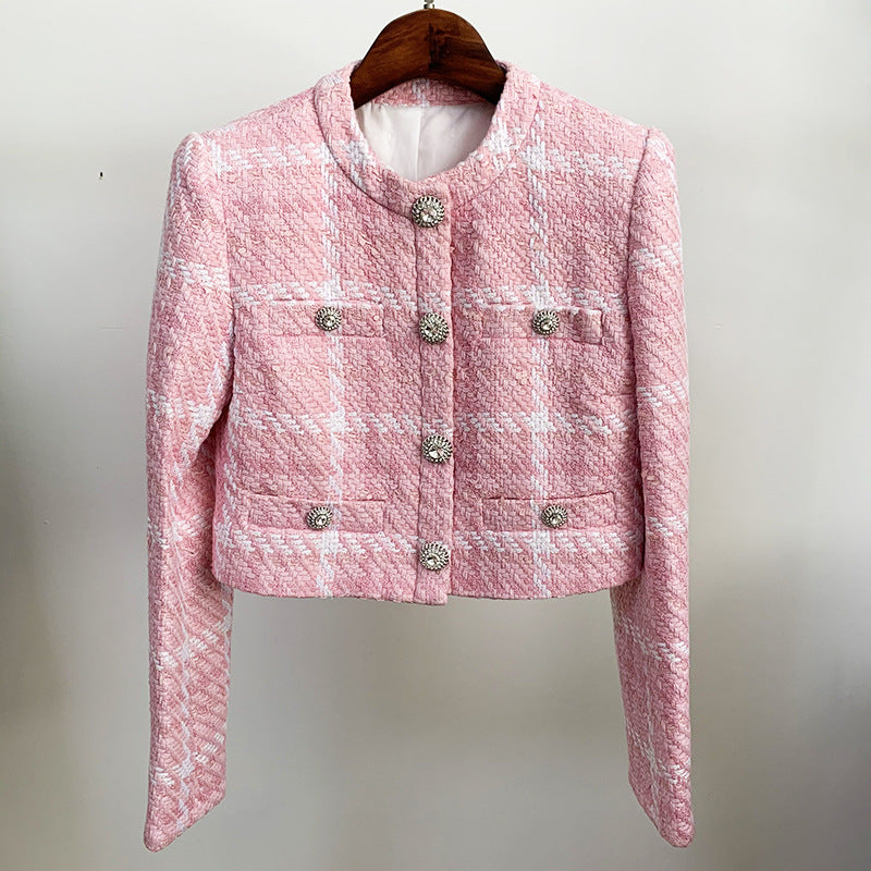 Chaqueta de lana tejida a cuadros rosa clásica con botones de diamante de tela de alta precisión para Otoño e Invierno abrigo pequeño