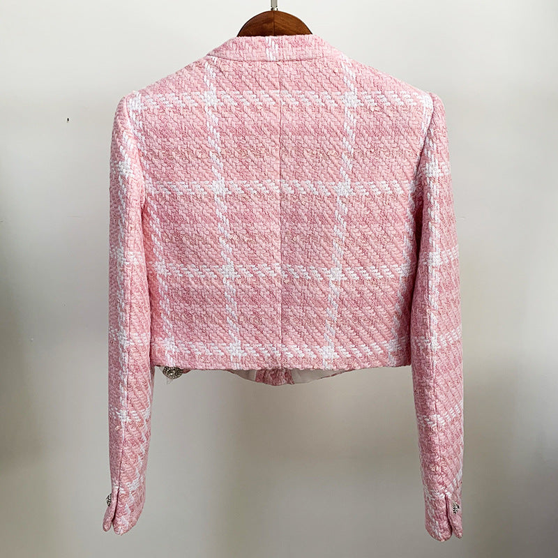 Chaqueta de lana tejida a cuadros rosa clásica con botones de diamante de tela de alta precisión para Otoño e Invierno abrigo pequeño