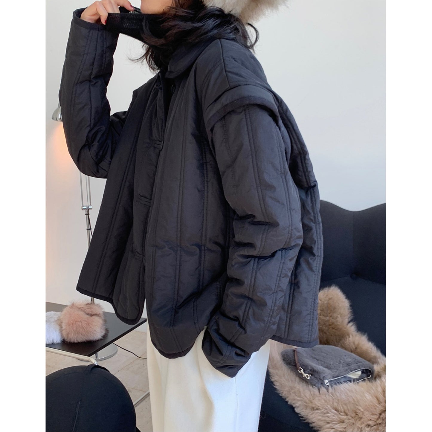 Winter Collared Cotton Padded Coat with Loop Buckle Loose Warm Comfortable Coat Women Thick