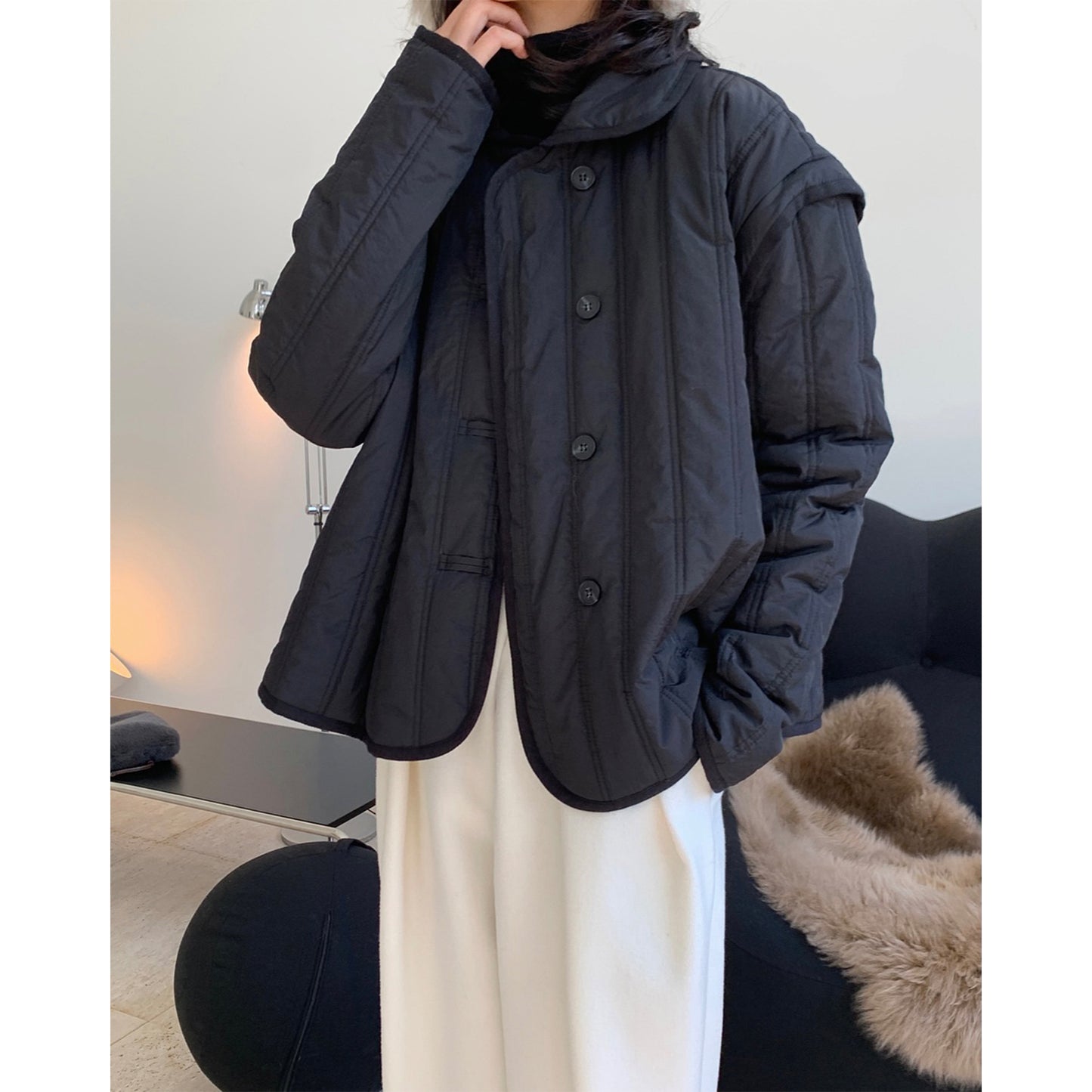 Winter Collared Cotton Padded Coat with Loop Buckle Loose Warm Comfortable Coat Women Thick