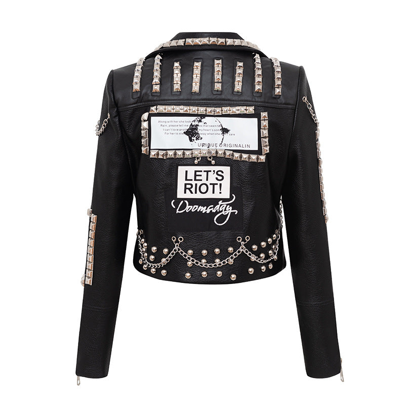 Automne hiver Rivets manteau Graffiti impression cuir manteau court mince ajustement Biker en cuir manteau femmes