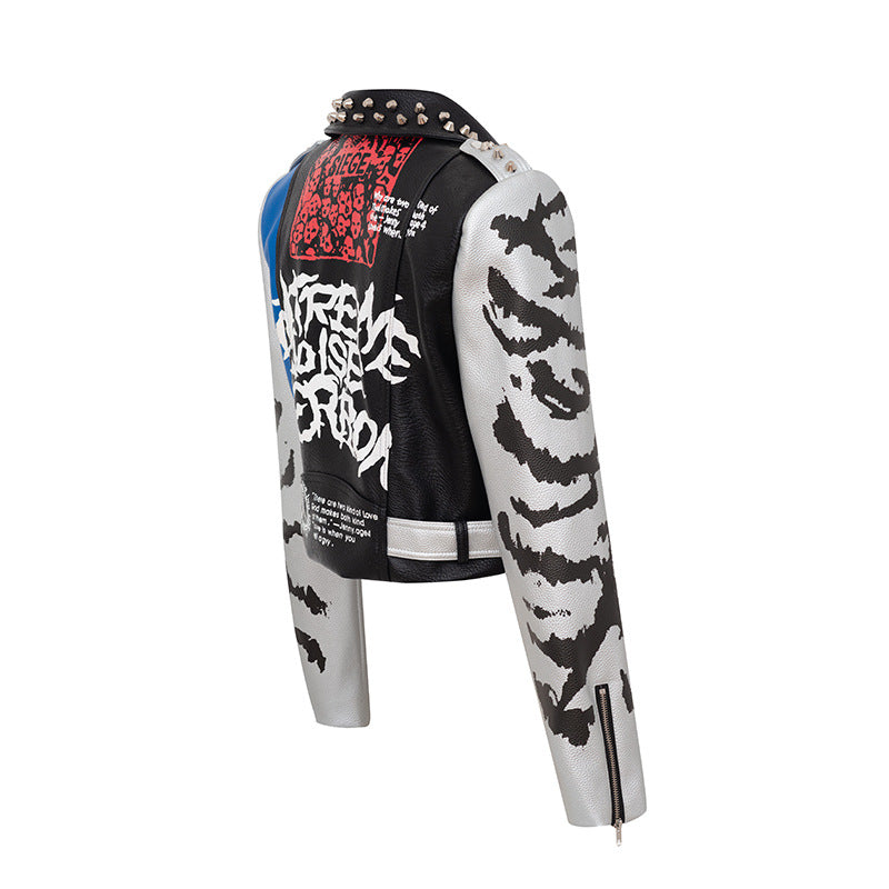 Brand Graffiti Printing Coat Color Contrast Short Coat Women Slim Fitting Biker Leather Coat Women Top