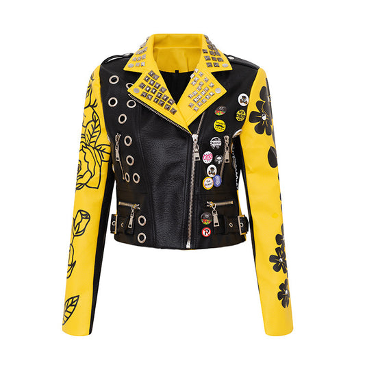 Collared Short Small Coat Women Printed Graffiti Motorcycle Clothing Leather Jacket Women Faux Leather Women Leather Jacket