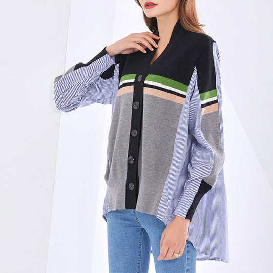 Spring Korean Contrast Color Knitwear Single Breasted Cardigan Design Color Contrast Patchwork Striped Shirt for Women