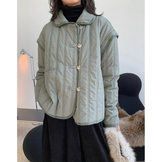 Winter Collared Cotton Padded Coat with Loop Buckle Loose Warm Comfortable Coat Women Thick