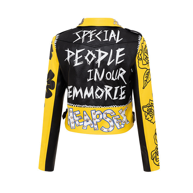 Collared Short Small Coat Women Printed Graffiti Motorcycle Clothing Leather Jacket Women Faux Leather Women Leather Jacket