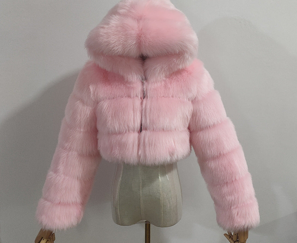 Manteau court à capuche en fausse fourrure pour femme, automne et hiver, fourrure artificielle, fourrure de renard