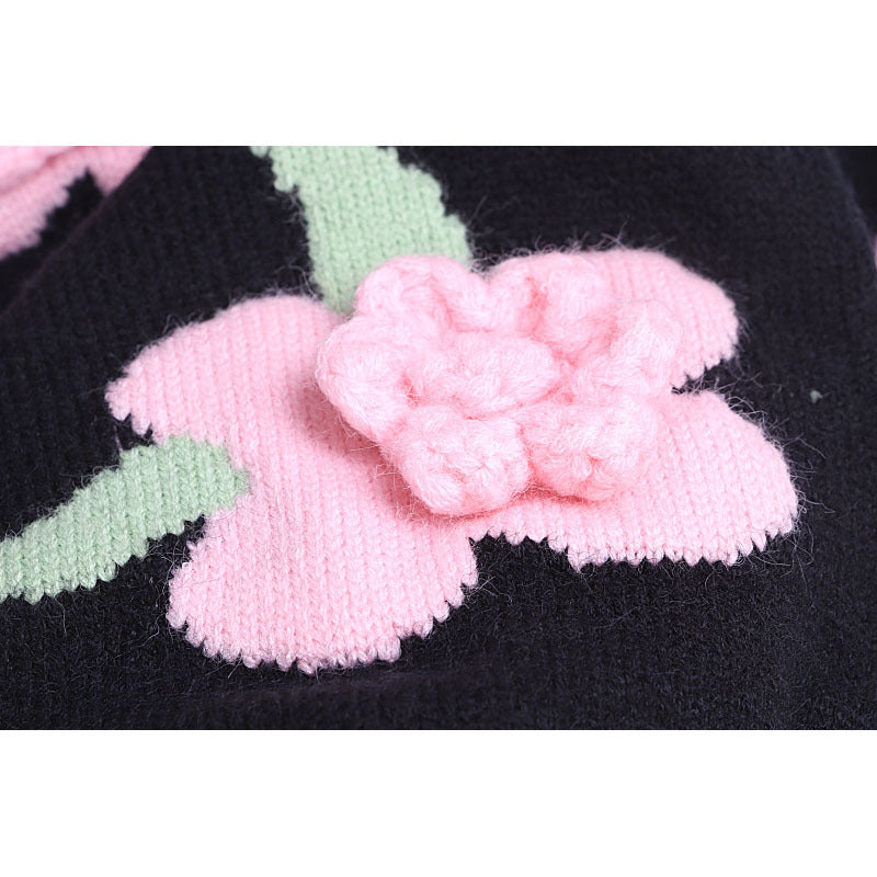 Sweet Pink Floral Sweater Coat Women Spring Autumn Winter round Neck Loose Outer Sweater Cardigan 3D Rose