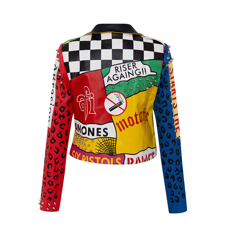 Ropa Rock Ropa de motocicleta personalizada Graffiti Impresión Remache Mujer Abrigo