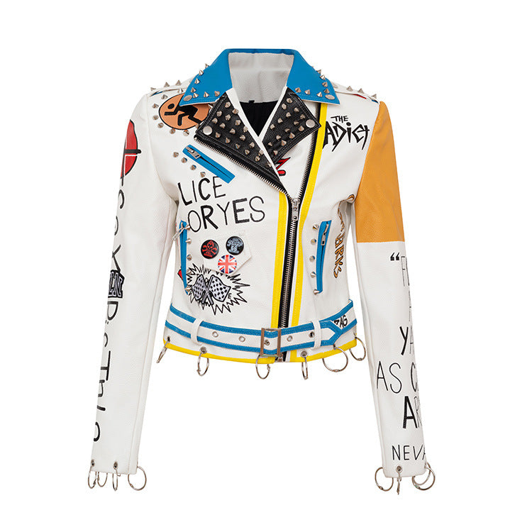 Otoño Invierno calle Hipster Top corto mujeres ajustado motocicleta cuero abrigo mujeres cuello manga larga chaqueta con grafiti mujeres