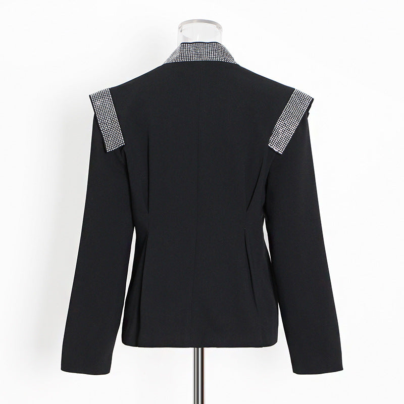 Spring Simple Show Stitching Heavy Embroidery Drilling Padded Shoulder Long Sleeve Small Blazer For Women