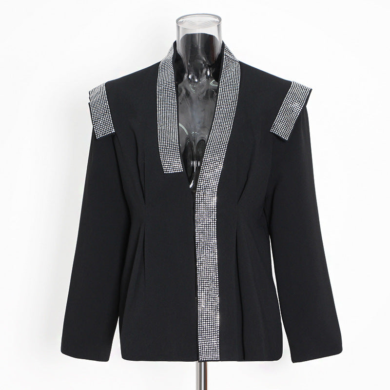 Spring Simple Show Stitching Heavy Embroidery Drilling Padded Shoulder Long Sleeve Small Blazer For Women