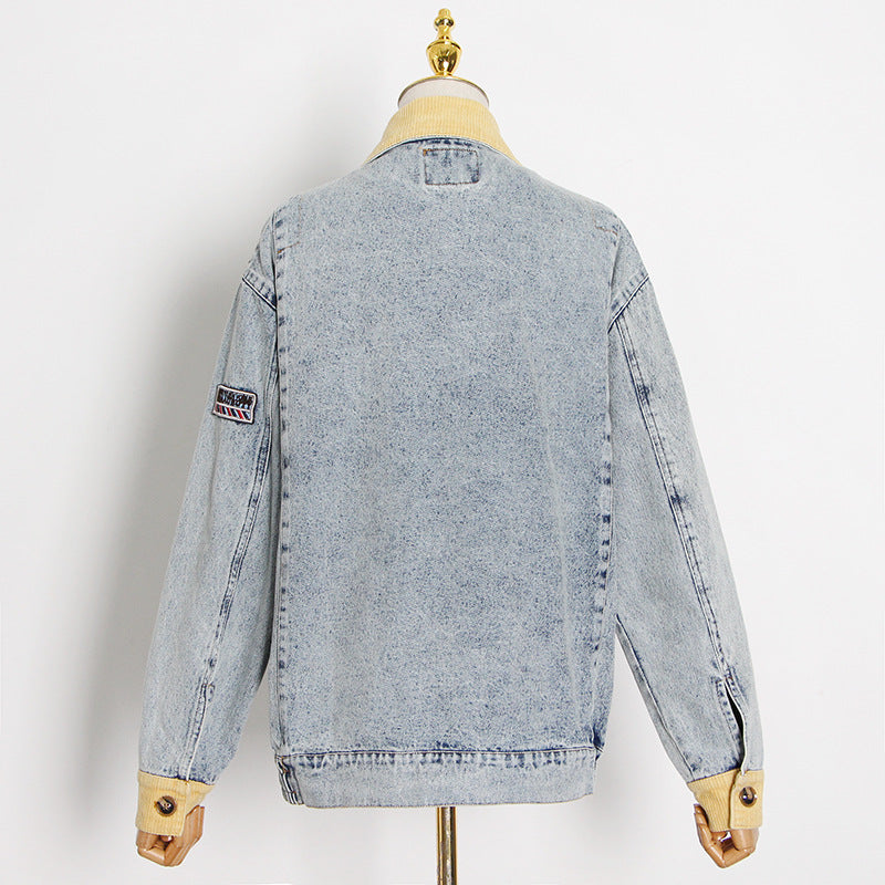 Spring Elegance Retro Collared Single Breasted Design Color Contrast Patchwork Loose Denim Jacket