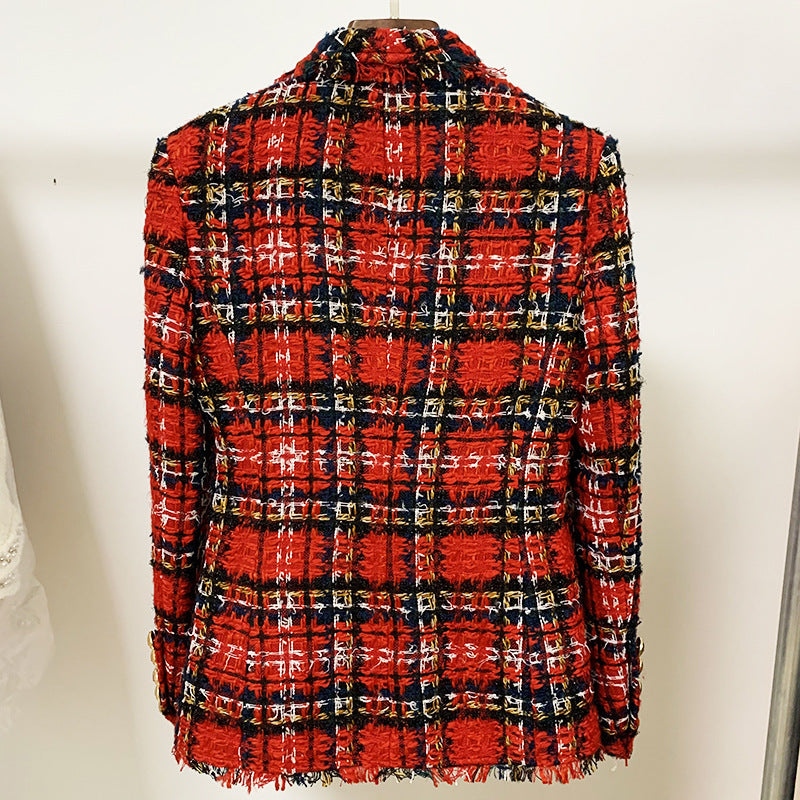 Double-Breasted Tweed Plaid Woolen Fringed Jacket