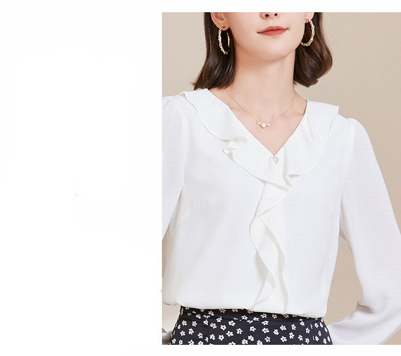 Women's Stylish Temperament Long Sleeves V-neck Chiffon Blouse