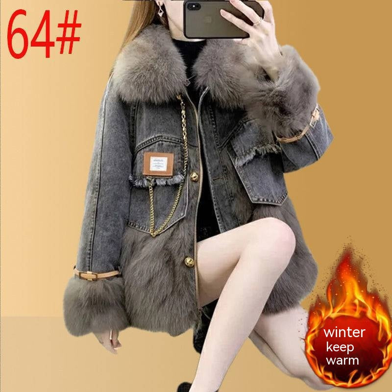 Denim Imitation Fox Fur Young Parka Women's Mid-length Fur Imitation Down