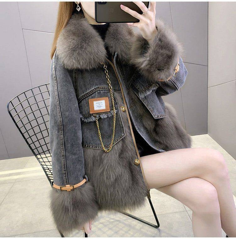 Denim Imitation Fox Fur Young Parka Women's Mid-length Fur Imitation Down