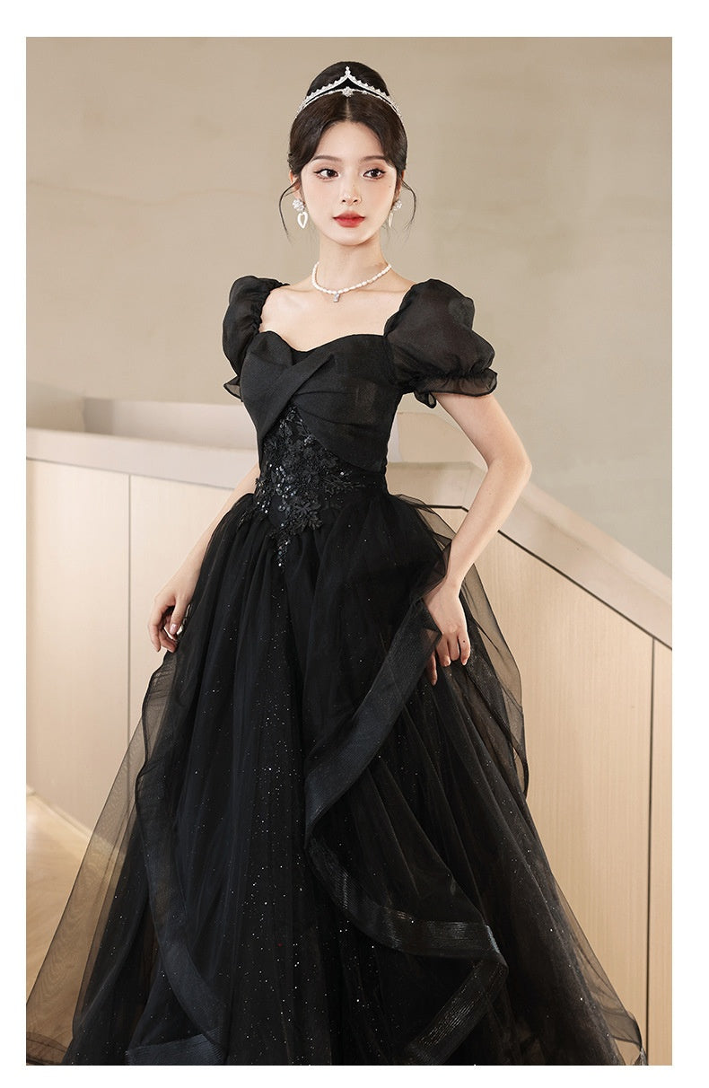 Vestido de noche francés de alta gama con temperamento de banquete de noche negro