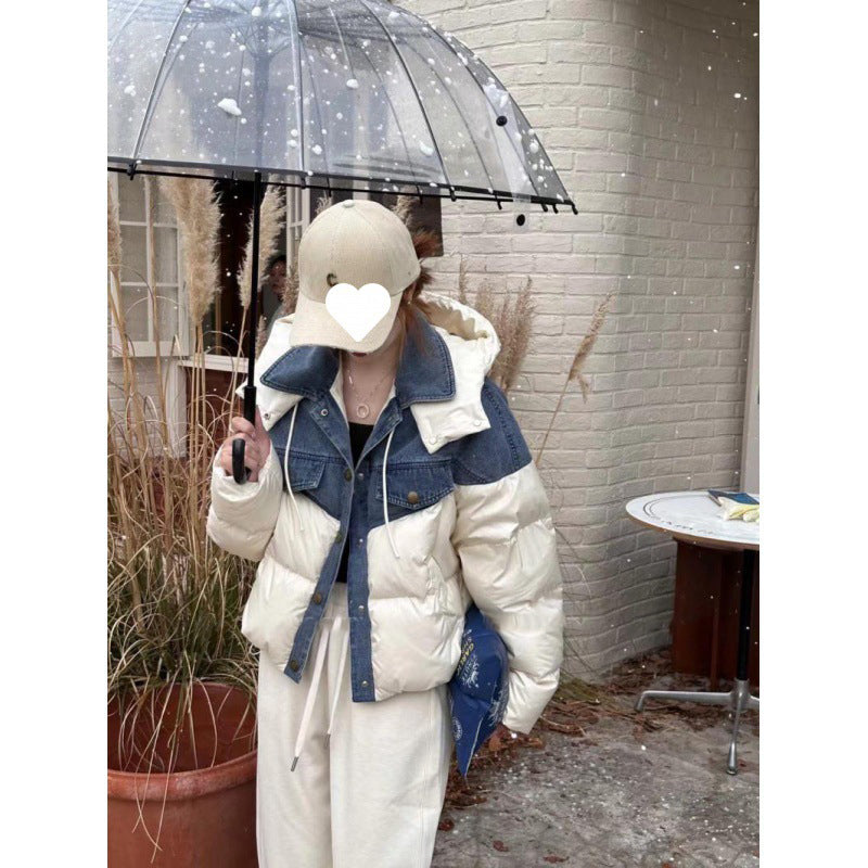 Chaqueta de plumón con capucha y costura vaquera de invierno, abrigo corto de plumón de pato blanco suelto y cálido