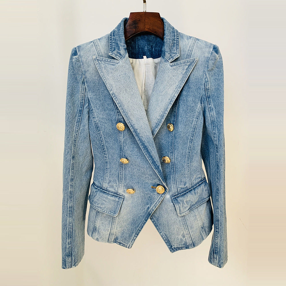 Veste de costume en jean slim à double boutonnage avec bouton lion pour femme