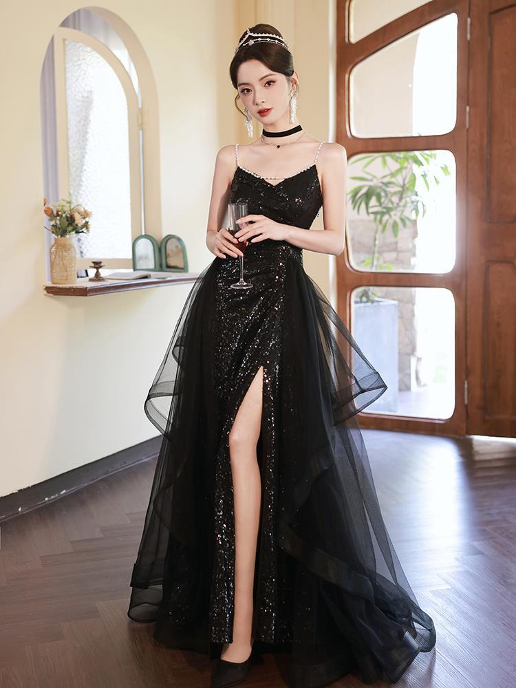 Vestido de noche de banquete negro con lentejuelas High Sense