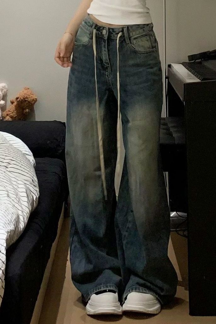 Straight Loose Slimming And Wide Leg All-match Retro Washed Jeans