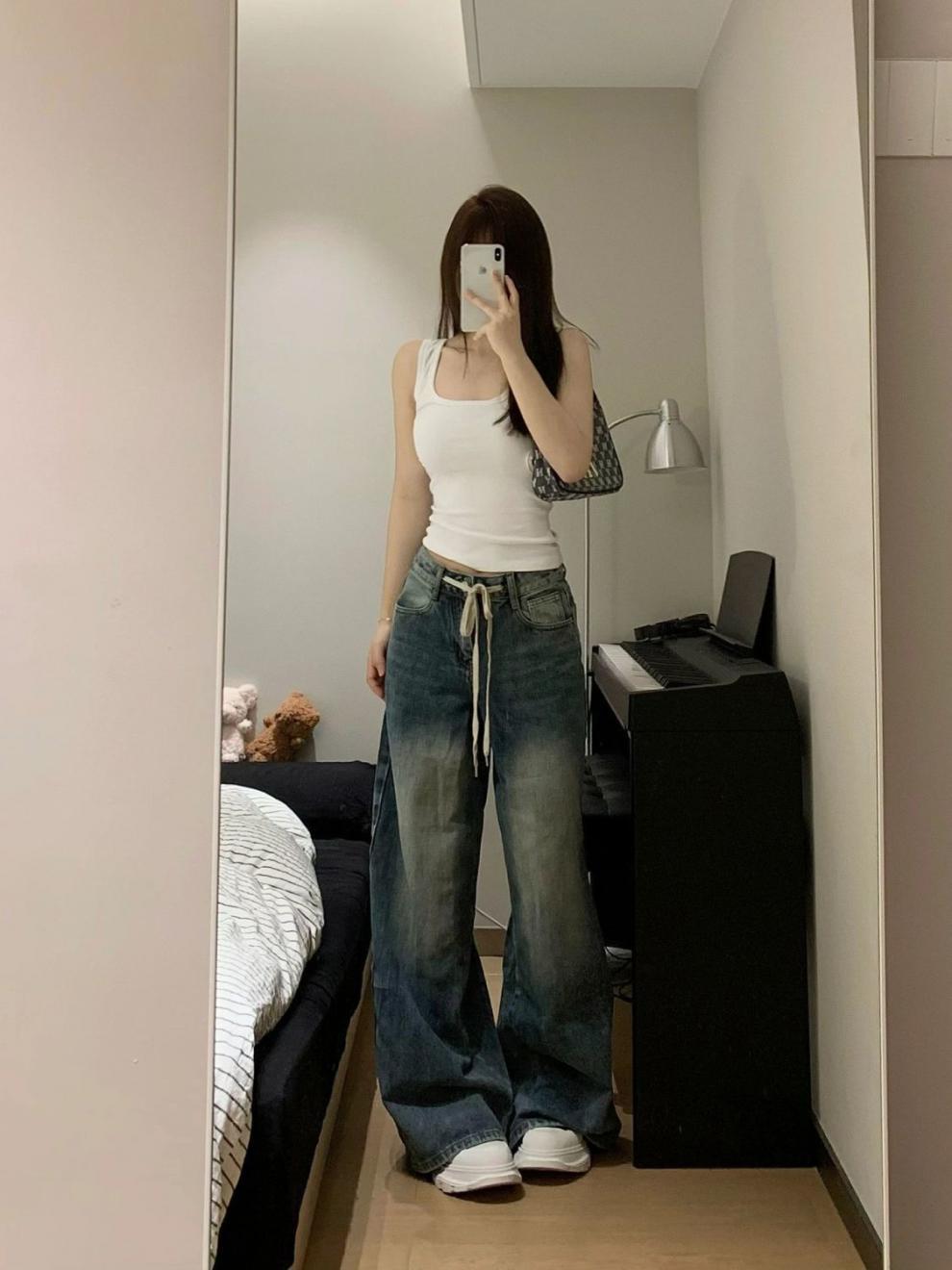 Straight Loose Slimming And Wide Leg All-match Retro Washed Jeans