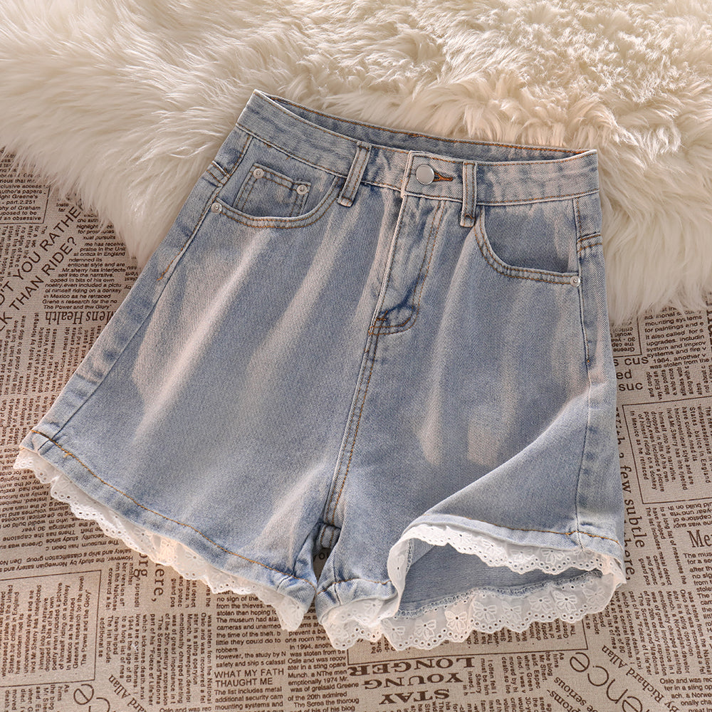 Short en jean taille haute pour femme, pantalon tendance en dentelle