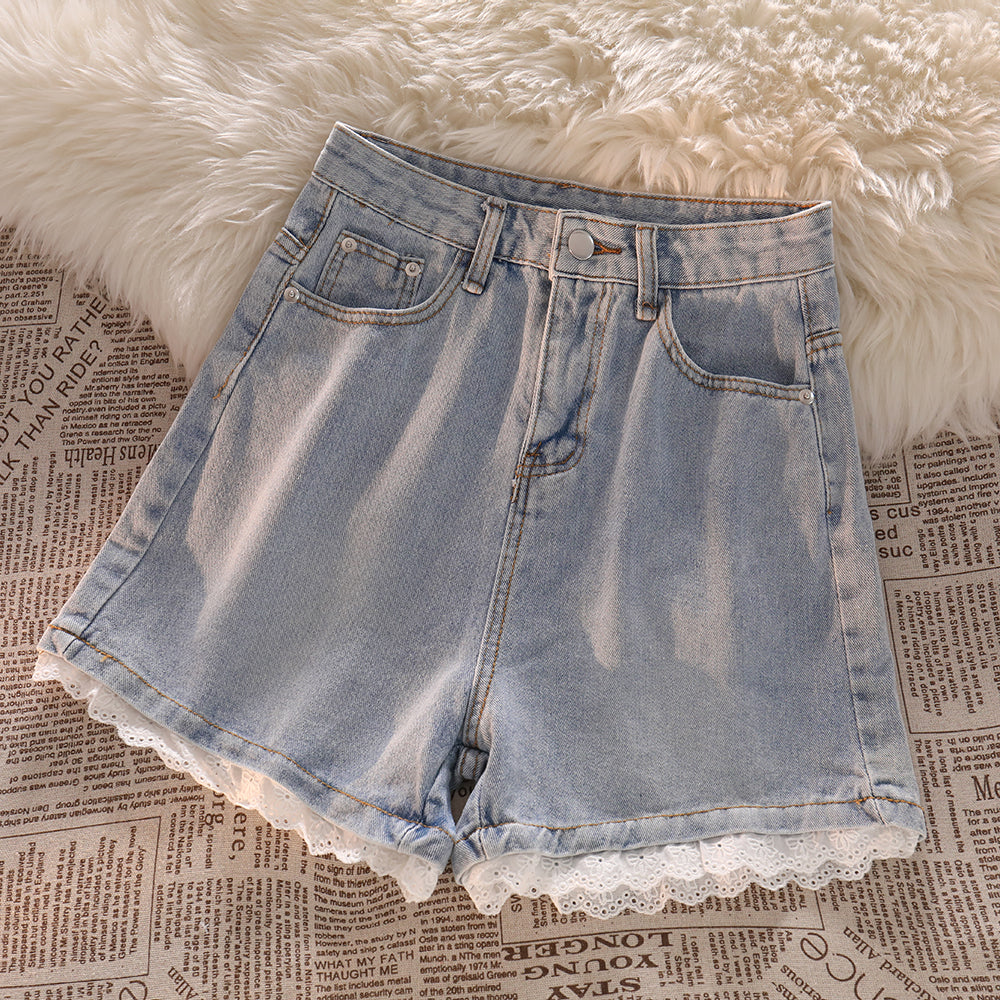 Short en jean taille haute pour femme, pantalon tendance en dentelle