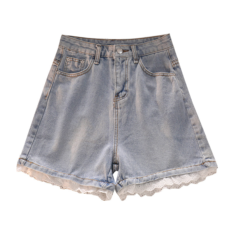 Short en jean taille haute pour femme, pantalon tendance en dentelle