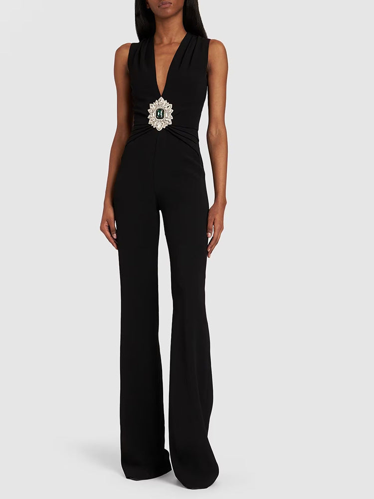 European And American Diamond Beaded V-neck Sleeveless Jumpsuit