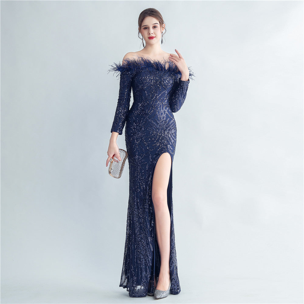 High-density Ostrich Feather Sequins Off-shoulder Long Sleeve Fishtail High-end Evening Dress