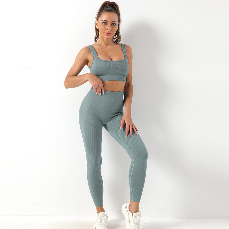 2 piezas de traje de yoga de hilo, sujetador sin costuras y levantamiento de glúteos, conjunto de polainas de cintura alta para mujeres, deportes, pantalones de yoga, ropa deportiva, trajes