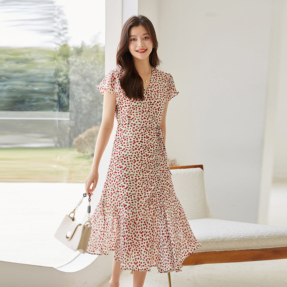 Vestido midi adelgazante con cuello en V para mujer