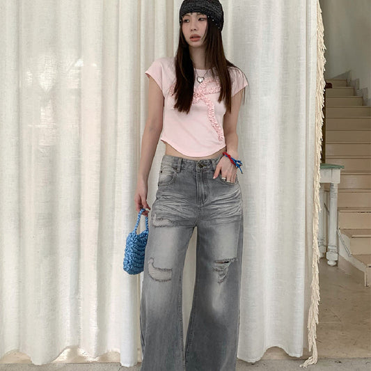 Women's Stylish Ripped Wide-legged Denim Trousers