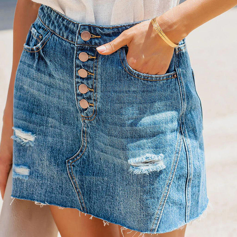 Women's Ripped Washed Multi-button Casual Denim Skirt