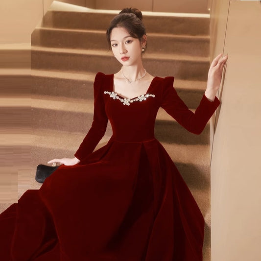 High-end High-end French Style Winter Long Sleeve Evening Dress For Women