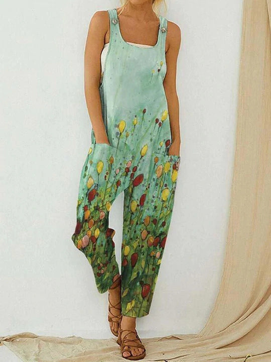 Women's Trousers Fashion Loose Straight Jumpsuit Abstract Birds Flowers Print Bib Jumpsuit