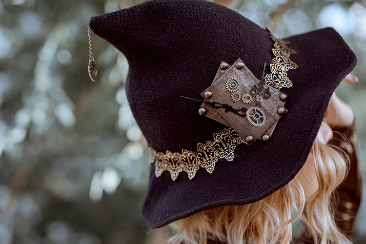 Sombrero de bruja de Halloween Steampunk para mujer, lana tejida negra para fiesta, mascarada, disfraz de Cosplay