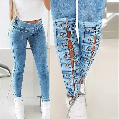 Jean skinny stretch taille haute à lacets pour femme