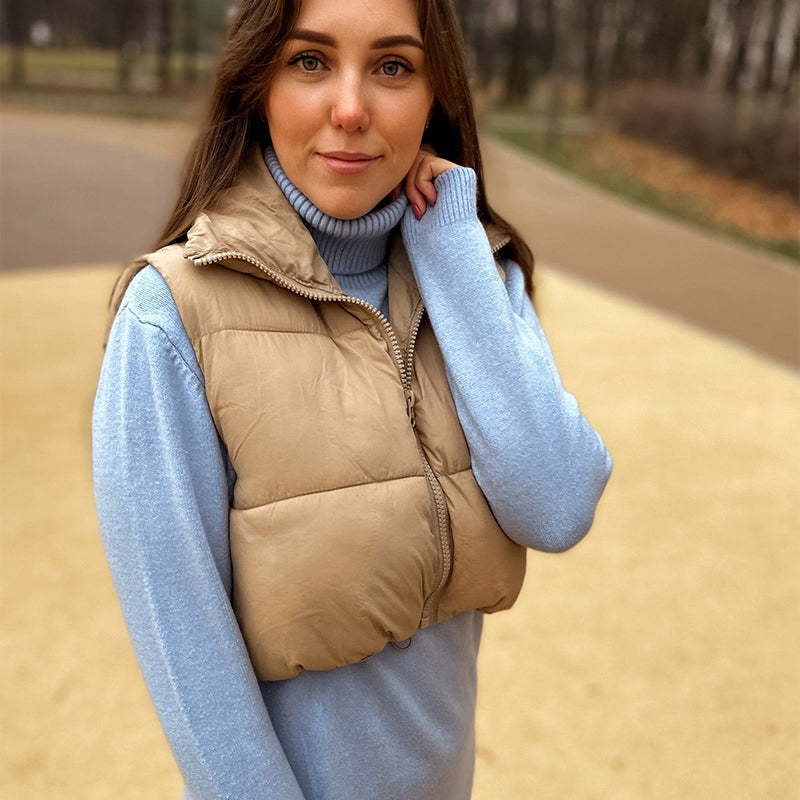 Gilet court d'hiver pour femmes, couleur unie, fermeture éclair, sans manches, veste à revers, manteau à pain à la mode