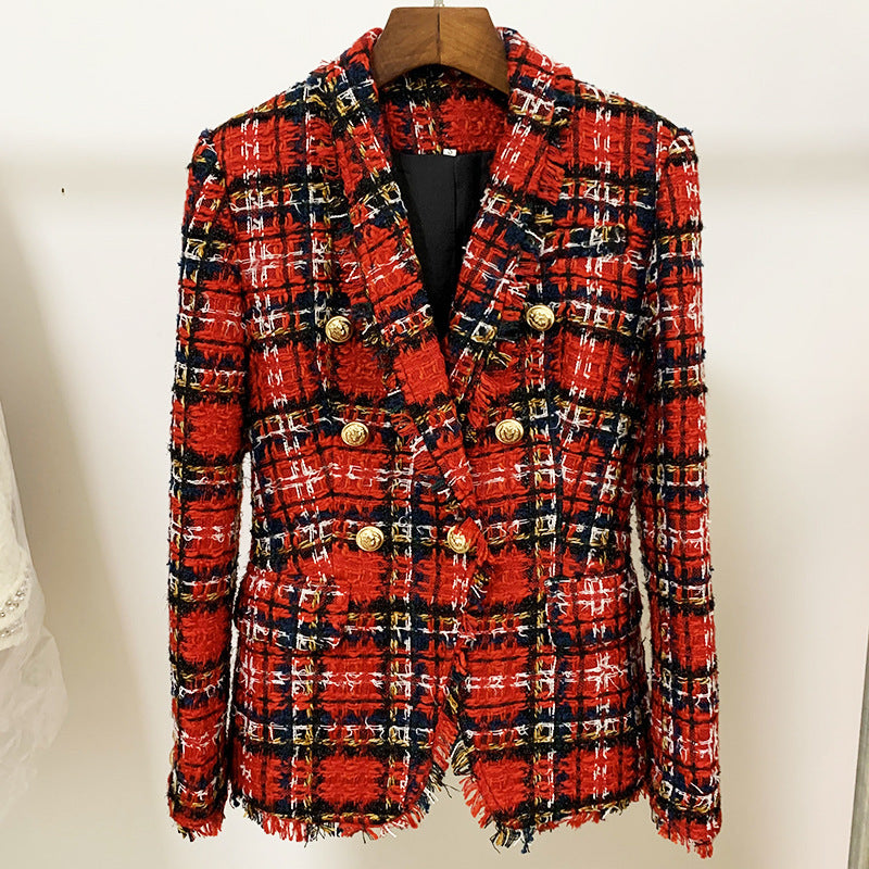 Double-Breasted Tweed Plaid Woolen Fringed Jacket