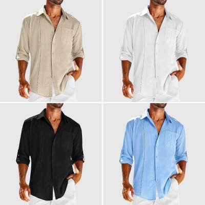 Camisa casual de manga larga con bolsillo, cuello polo de encaje, botón de color sólido, ropa para hombre