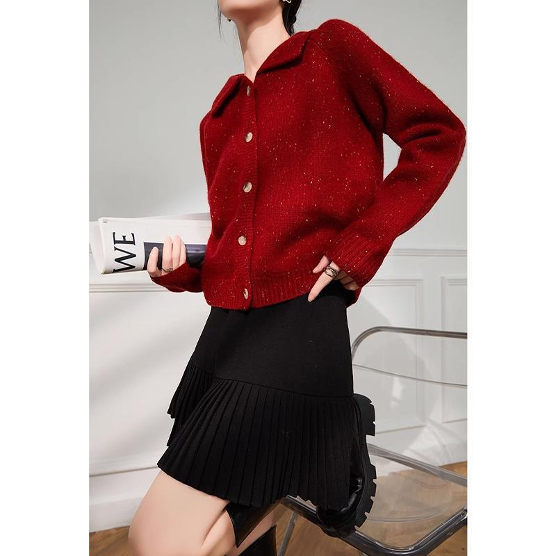 Pull ample et Simple en soie rouge brillant à revers pour femmes