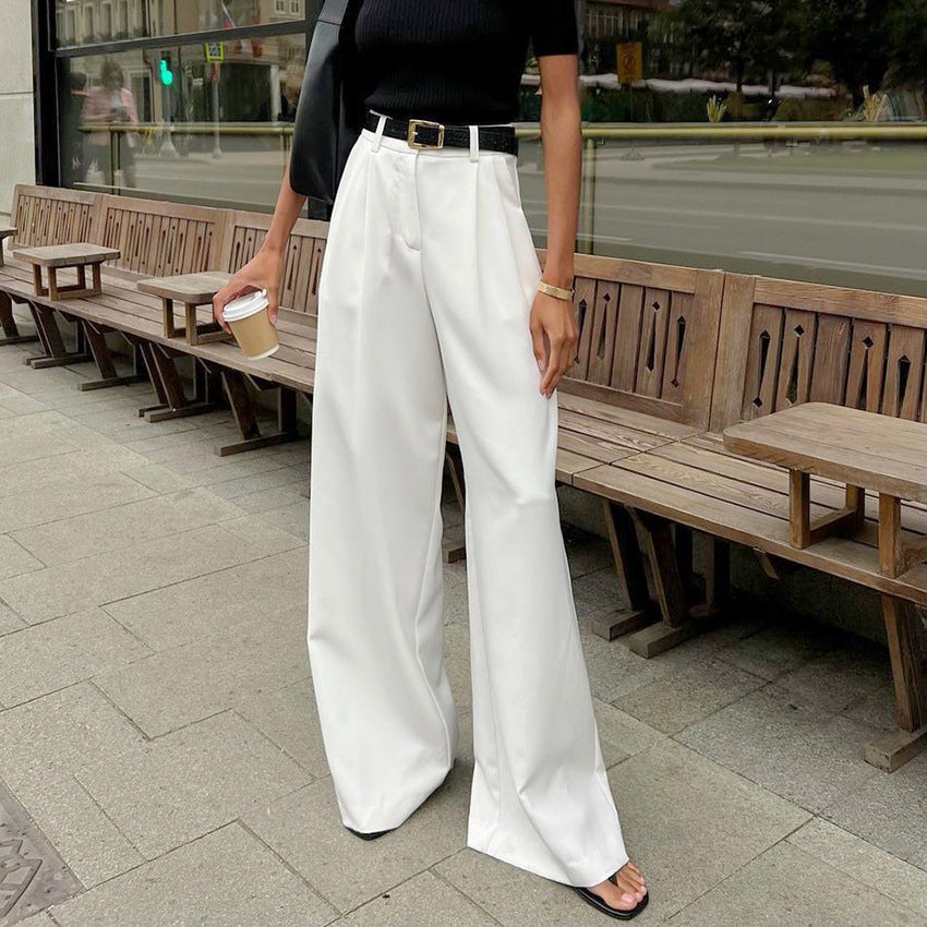 Pantalon blanc taille haute, pantalon décontracté ample à la mode