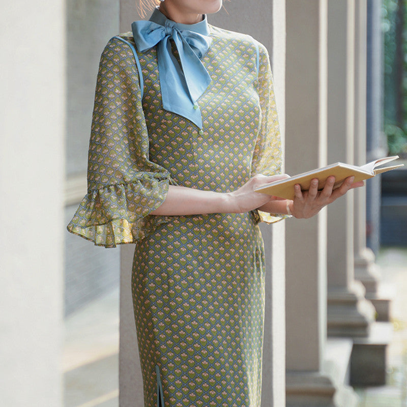 Robe améliorée pour femme Cheongsam verte