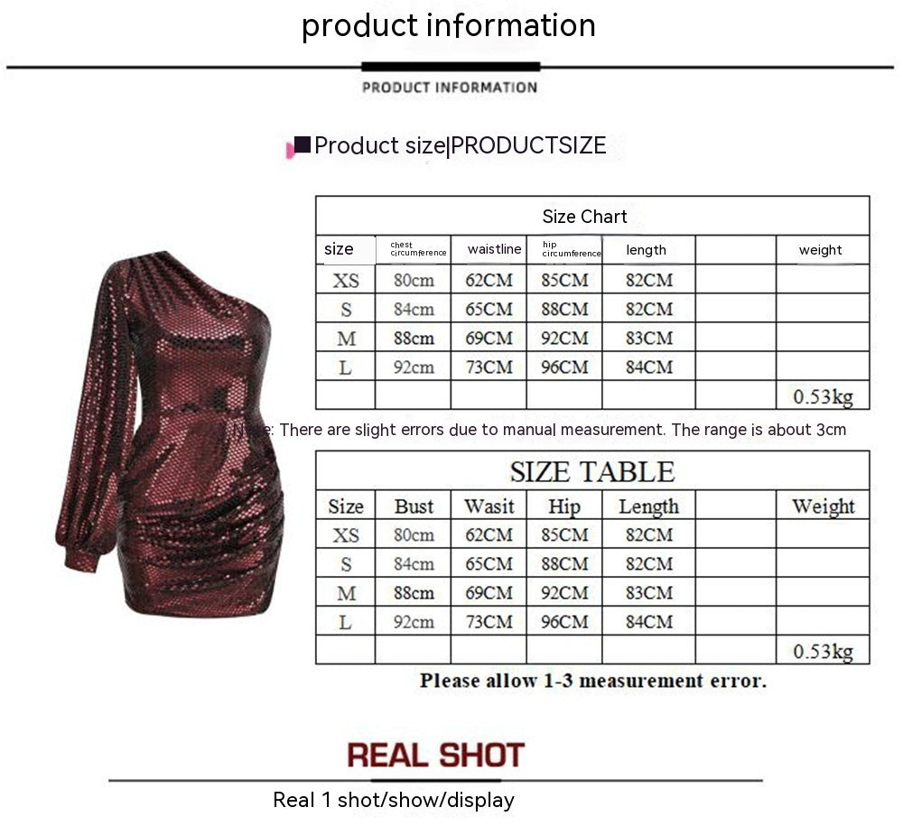 Women's Clothing Sexy One-shoulder Sequins Dress Slim-fit Flared Sleeves Sequin