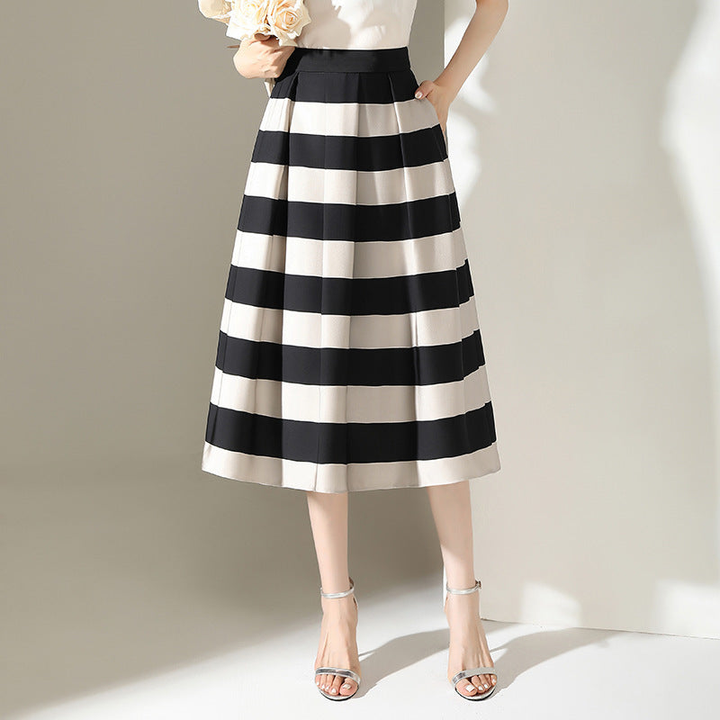 Striped Minimalist Stitching Fashion Pleated A- Line Skirt